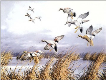  birds Oil Painting - birds flying on lake